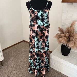 Strappy Palm-Print Maxi Dress in Mint & Peach